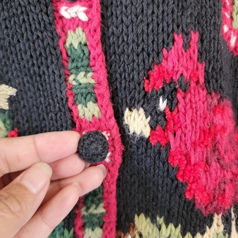 VTG TIARA 3-D Knit Ugly Sweater Cardigan Sz L Cottagecore Heavy Knit Home Trees